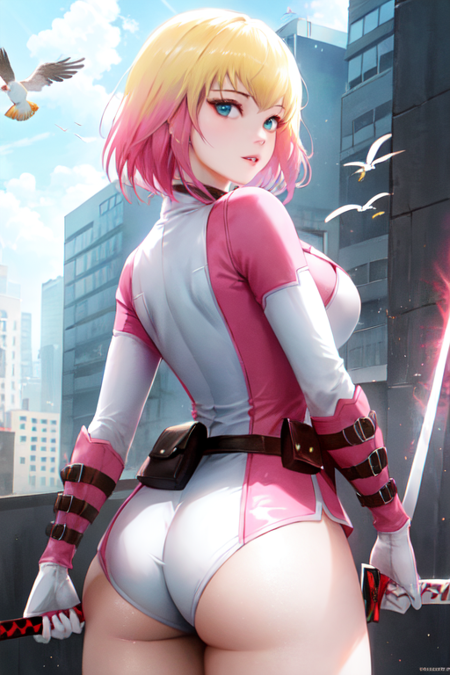 14072-3400773653-gwenpool, 1girl, ass, mask, blonde hair, weapon, sword, breasts, ass support, looking back, short hair, multicolored hair, lips,.png